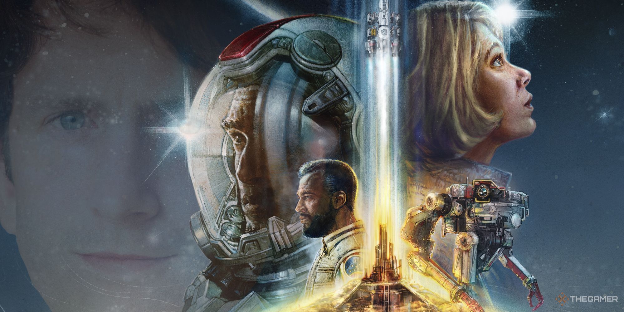 The Starfield logo, showing multiple astronaunts. One is looking to the side, wearing a space helmet. Another one, a blonde woman, is looking up. The background is a starry night sky. Todd Howard's face is awkwardly photoshopped over, very transparant. 