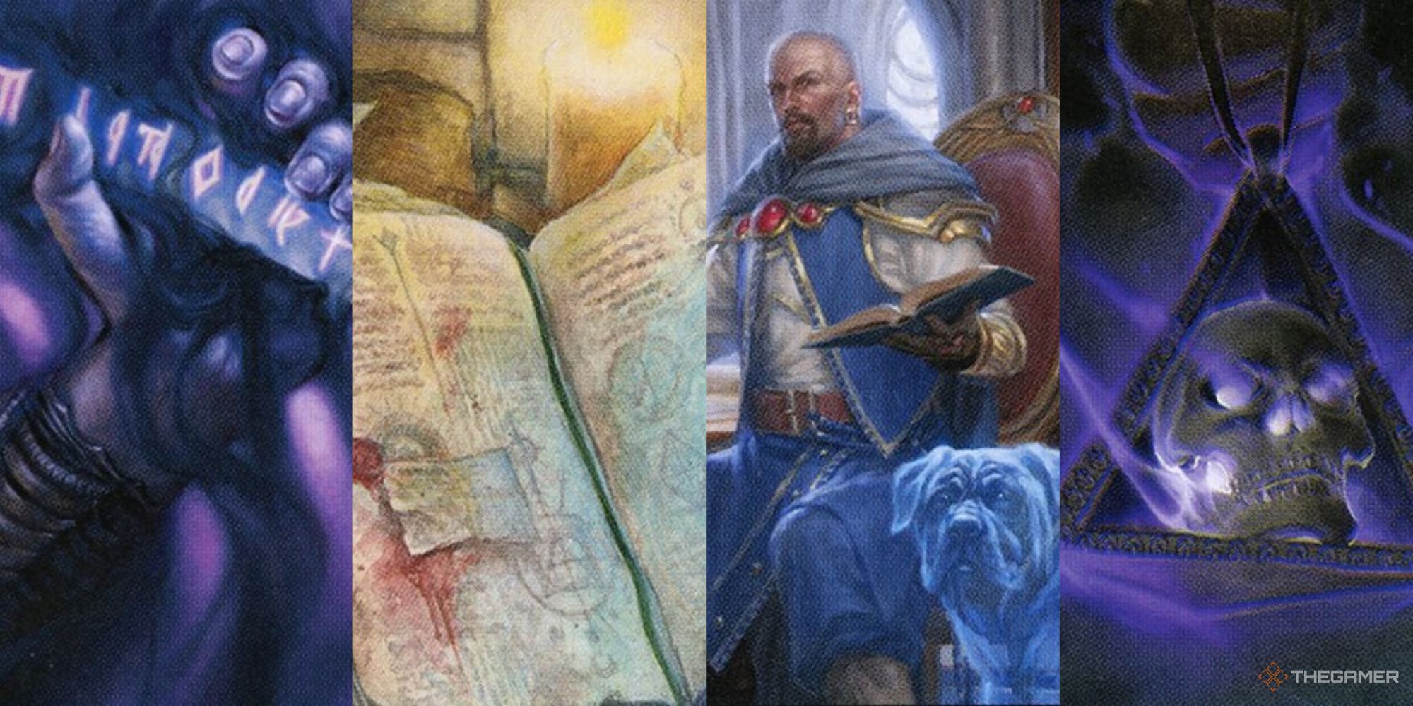 A collage of four images showing a pact blade, a tome, a man and his familiar, and a talisman