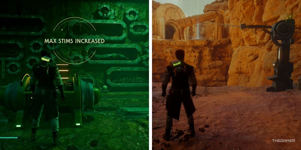 Cal Kestis in Star Wars: Jedi Survivor receiving max stims and a shortcut after solving the crypt of uhrma