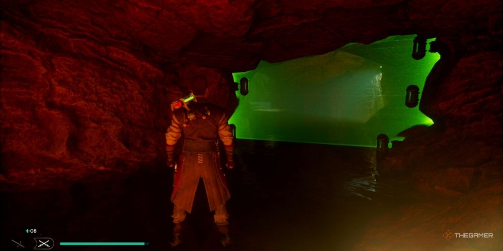 Cal Kestis in Star Wars: Jedi Survivor outside the green barrier to the Sutaban Alpha Den behind crypt of uhrma