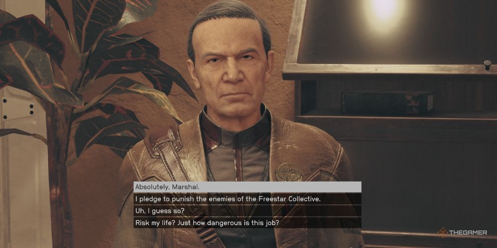 Marshal Blake offering you your deputy badge in Starfield