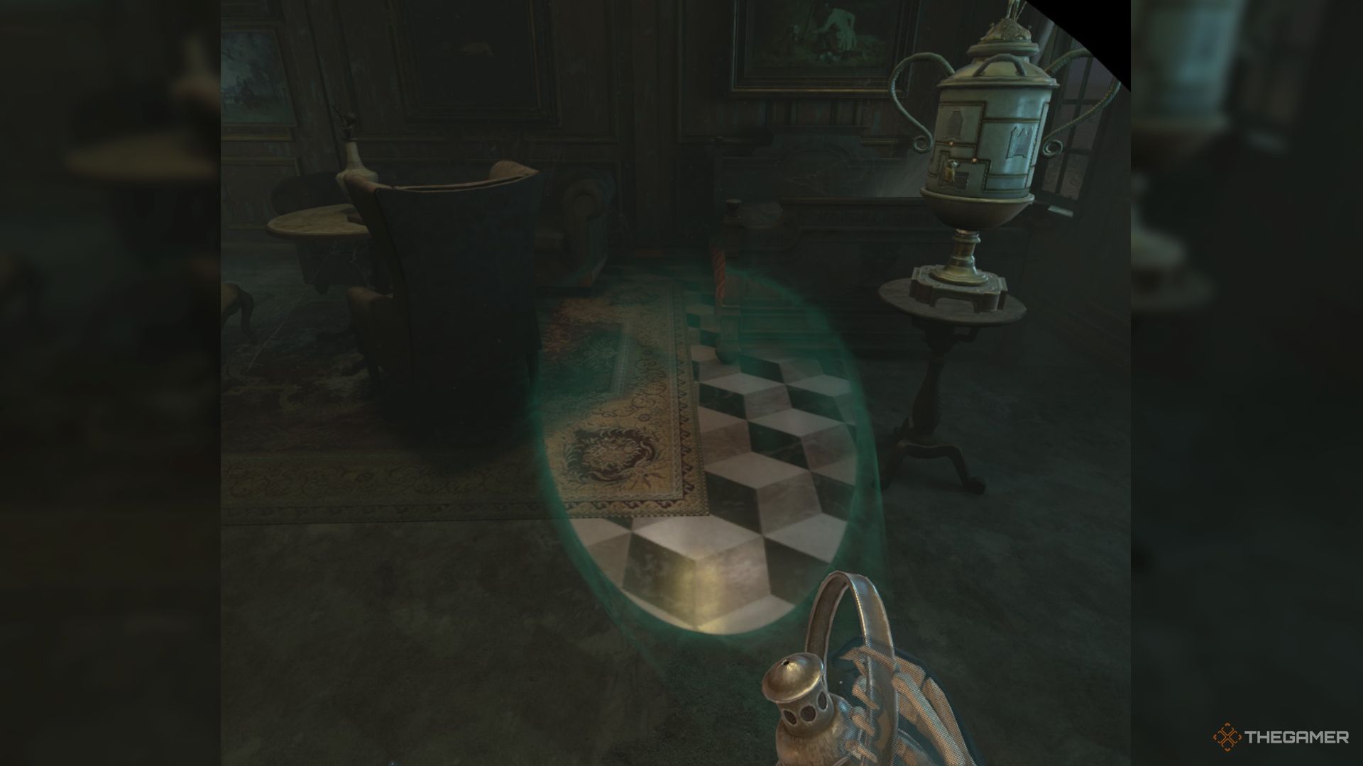 A room in The 7th Guest VR showing how the lamp reveals a cleaner looking floor