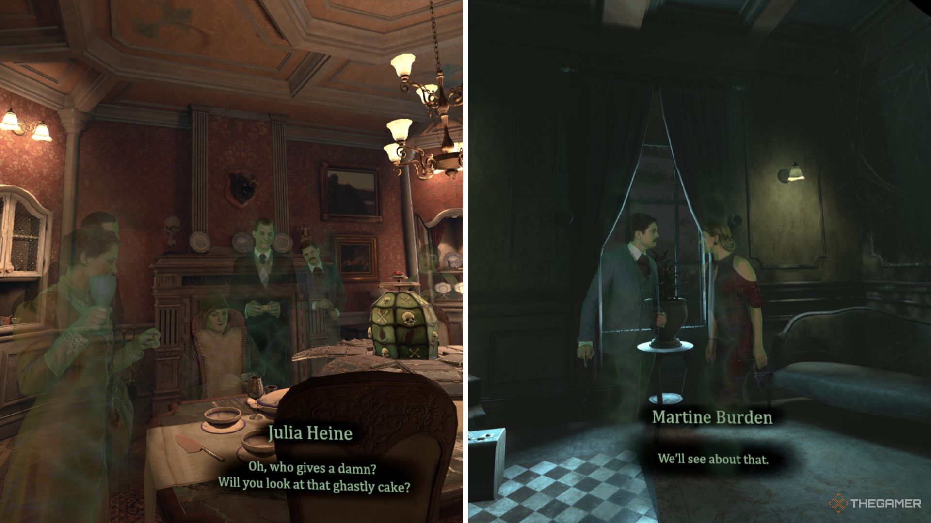 A split image ofThe 7th Guest VR showing the volumetric video at work, one in the kitchen and one in the lobby