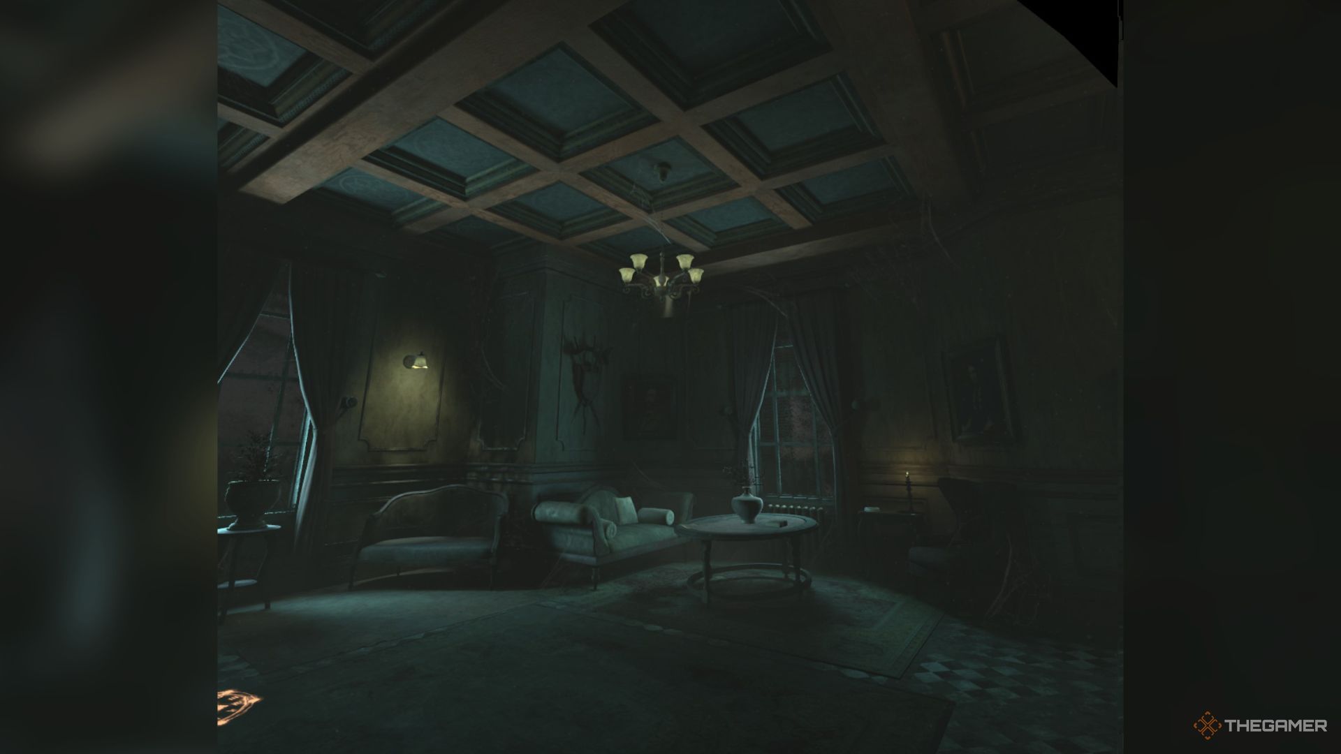 A view of the foyer in The 7th Guest VR, showing muted tones, fog, and neglect