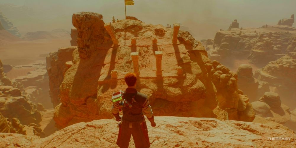 Cal Kestis in Star Wars: Jedi Survivor looking at the rock formation outside the Crypt of Uhrma with the solution