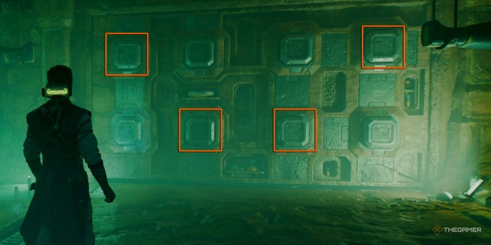 screenshot of crypt of uhrma door puzzle in star wars: Jedi Survivor with solution: top left, top right, bottom center left, bottom center right