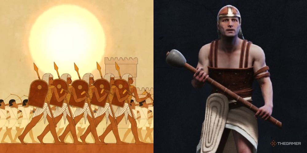 Elite Clubmen next to stylized Egyptian soldiers in Total War: Pharaoh