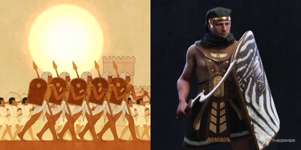 Elite Medjay Warrior next to stylized Egyptian soldiers in Total War: Pharaoh