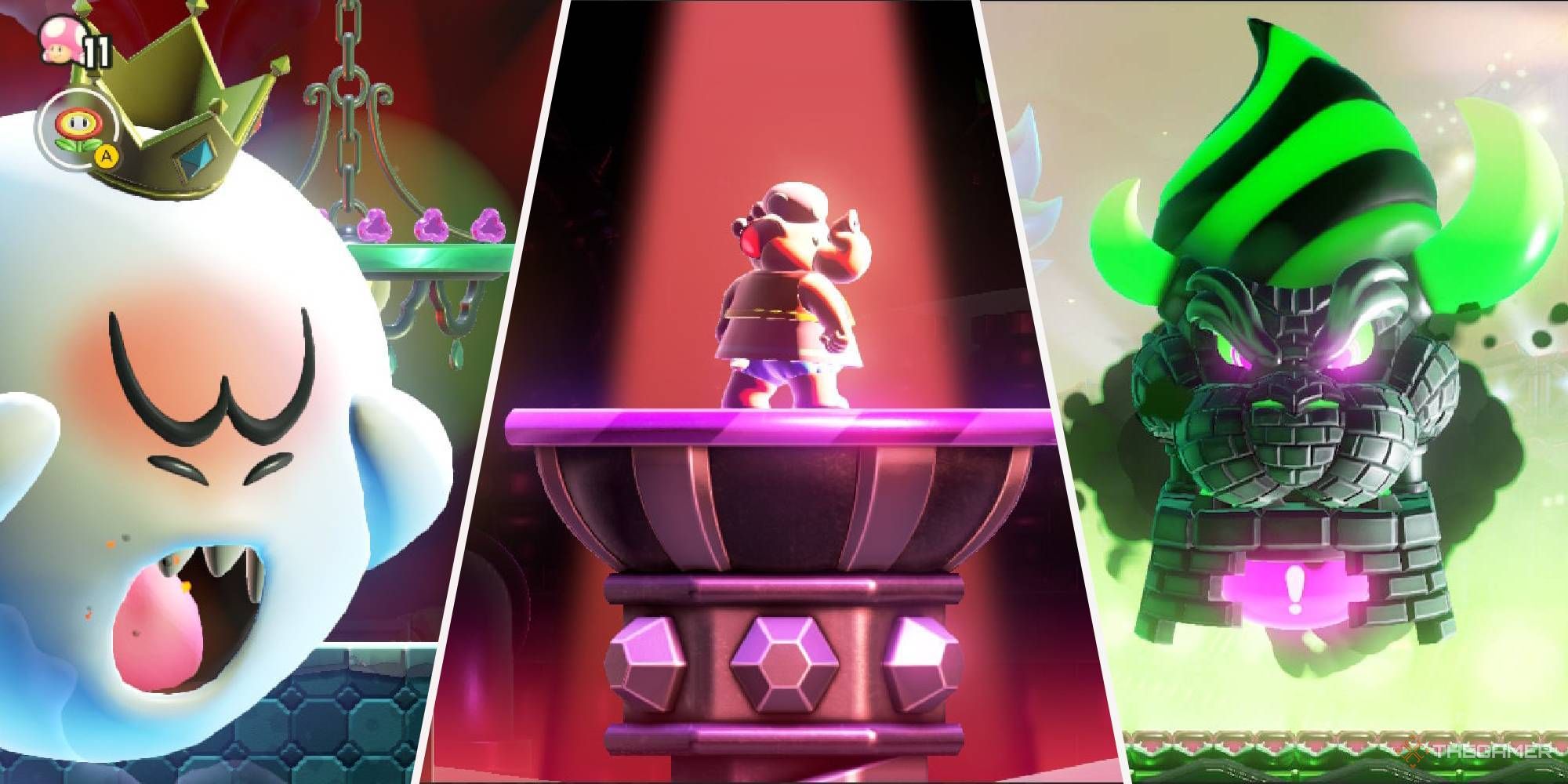 king boo, elephant toadette posing, and castle bowser in super mario wonder