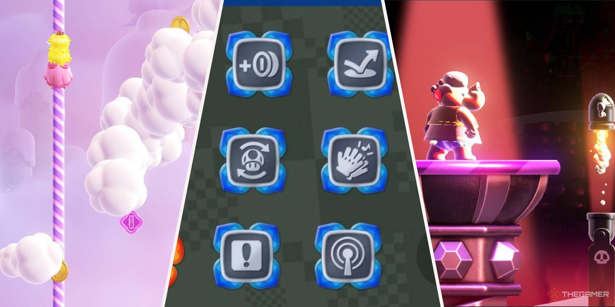 split images of peach climbing, blue badges, and elephant toadette on a podium in super mario wonder