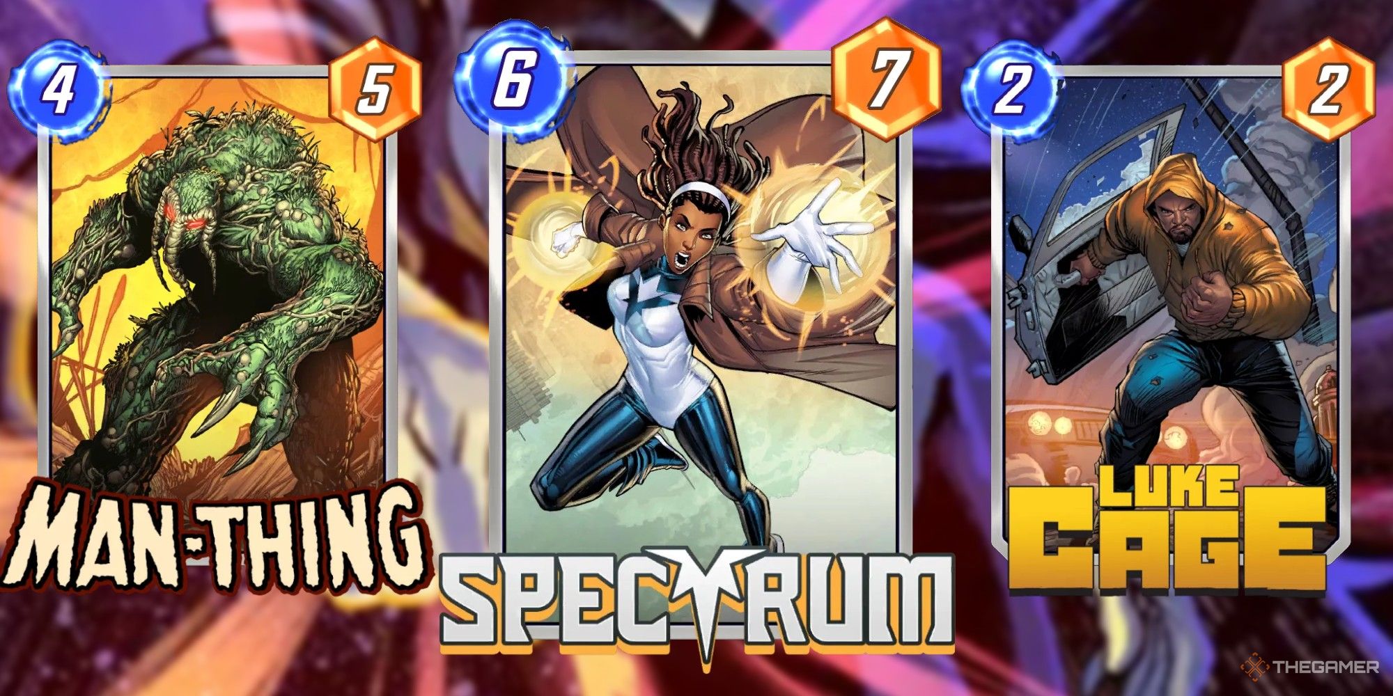 Marvel Snap Cards Man-Thing, Spectrum and Luke Cage