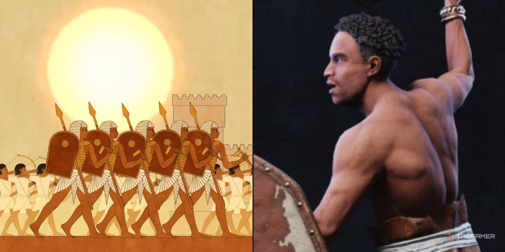 Nubian Slinger next to stylized Egyptian soldiers in Total War: Pharaoh