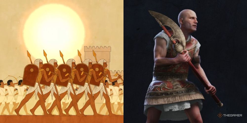 Pharaoh Guard next to stylized Egyptian soldiers in Total War: Pharaoh