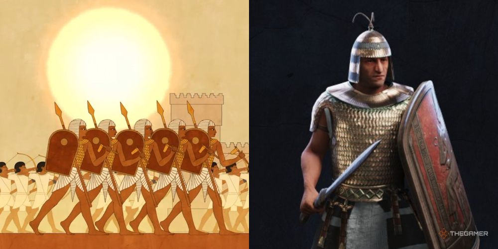 Queen's Guard next to stylized Egyptian soldiers in Total War: Pharaoh