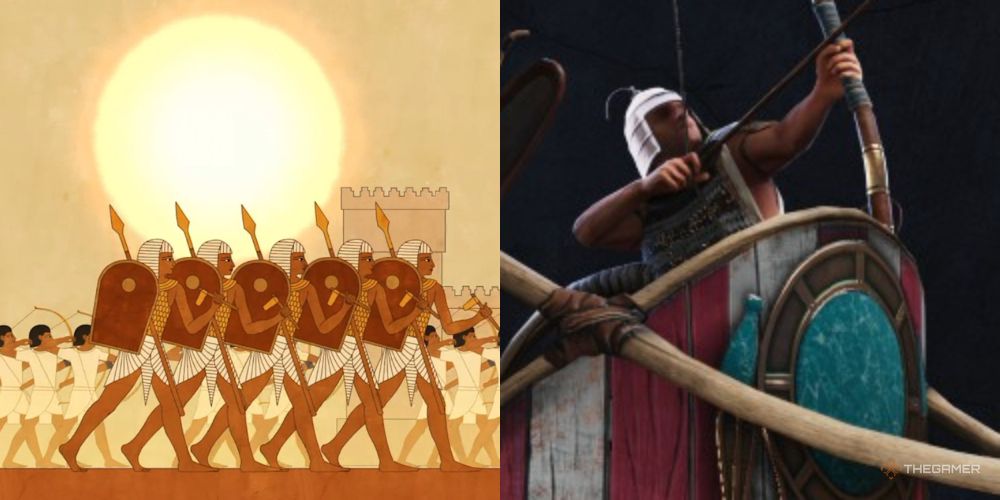 Royal Chariot Companion next to stylized Egyptian soldiers in Total War: Pharaoh