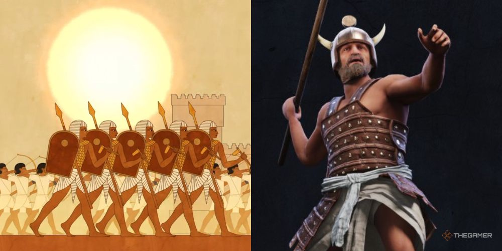 A Sherden Raider next to stylized Egyptian soldiers in Total War: Pharaoh