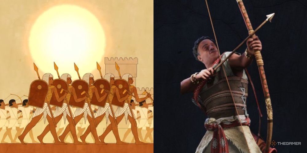 Ta-Seti Longbowman  next to stylized Egyptian soldiers in Total War: Pharaoh