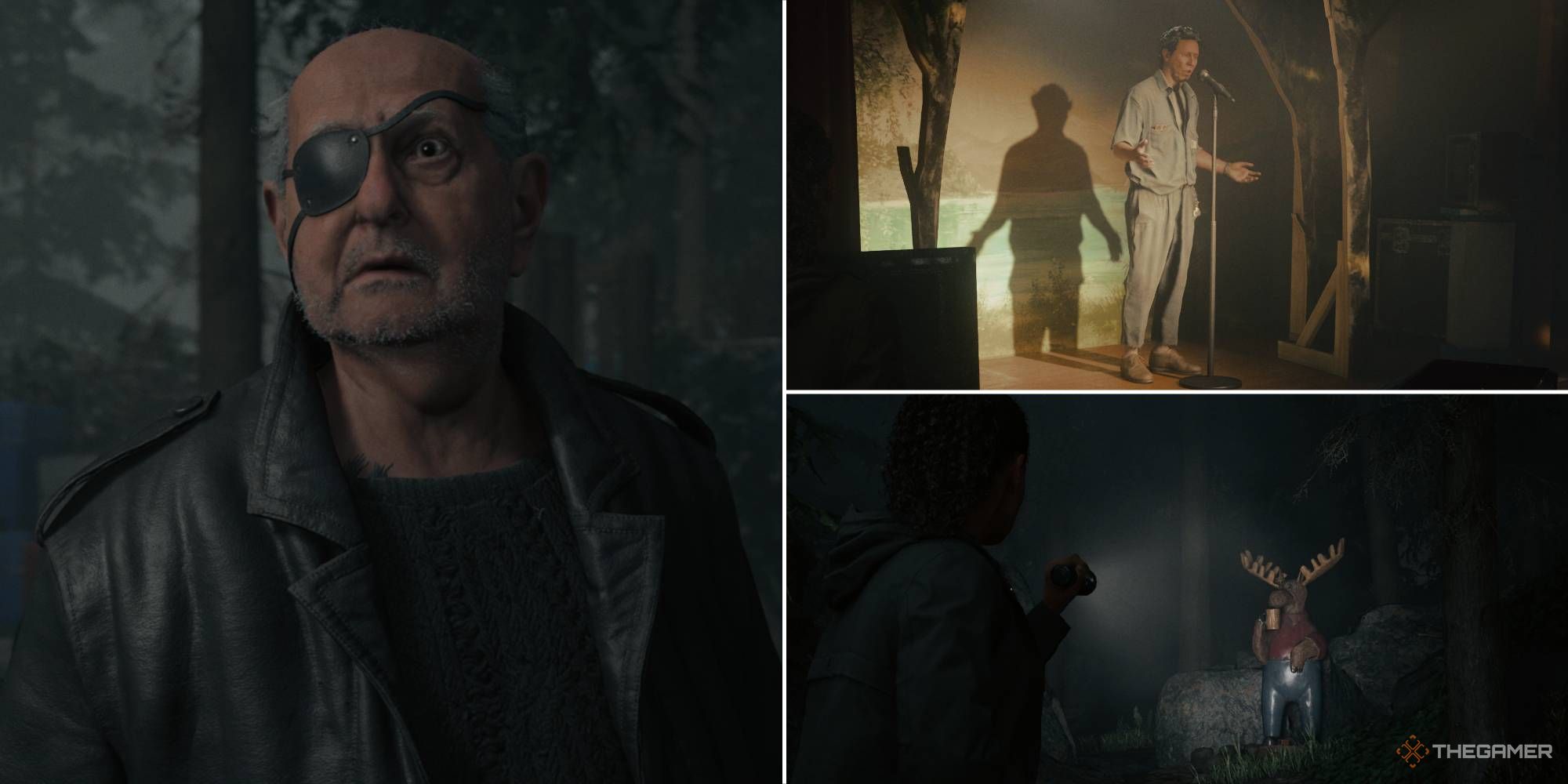 Saga Anderson meets Odin, Ahti, and Mocha the Moose in Watery in Alan Wake 2