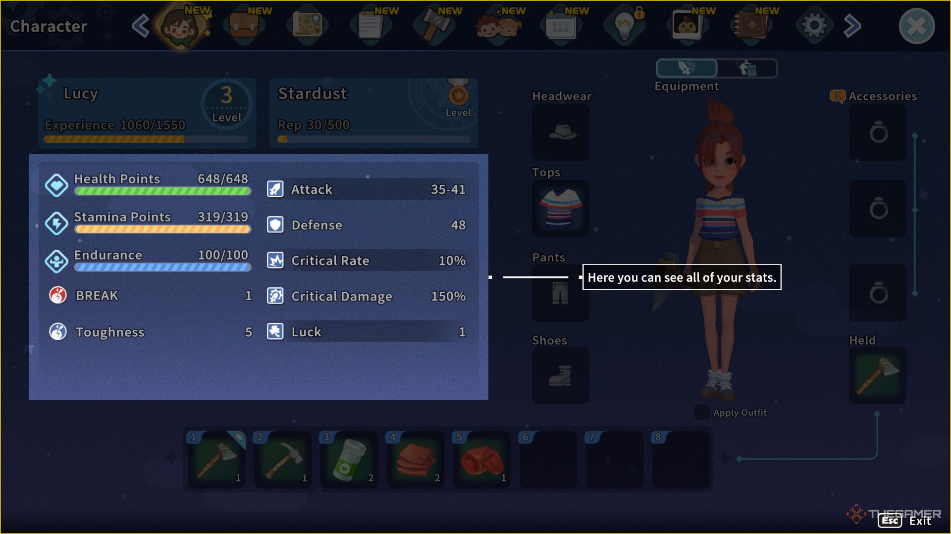 Checking character stats in My Time At Sandrock