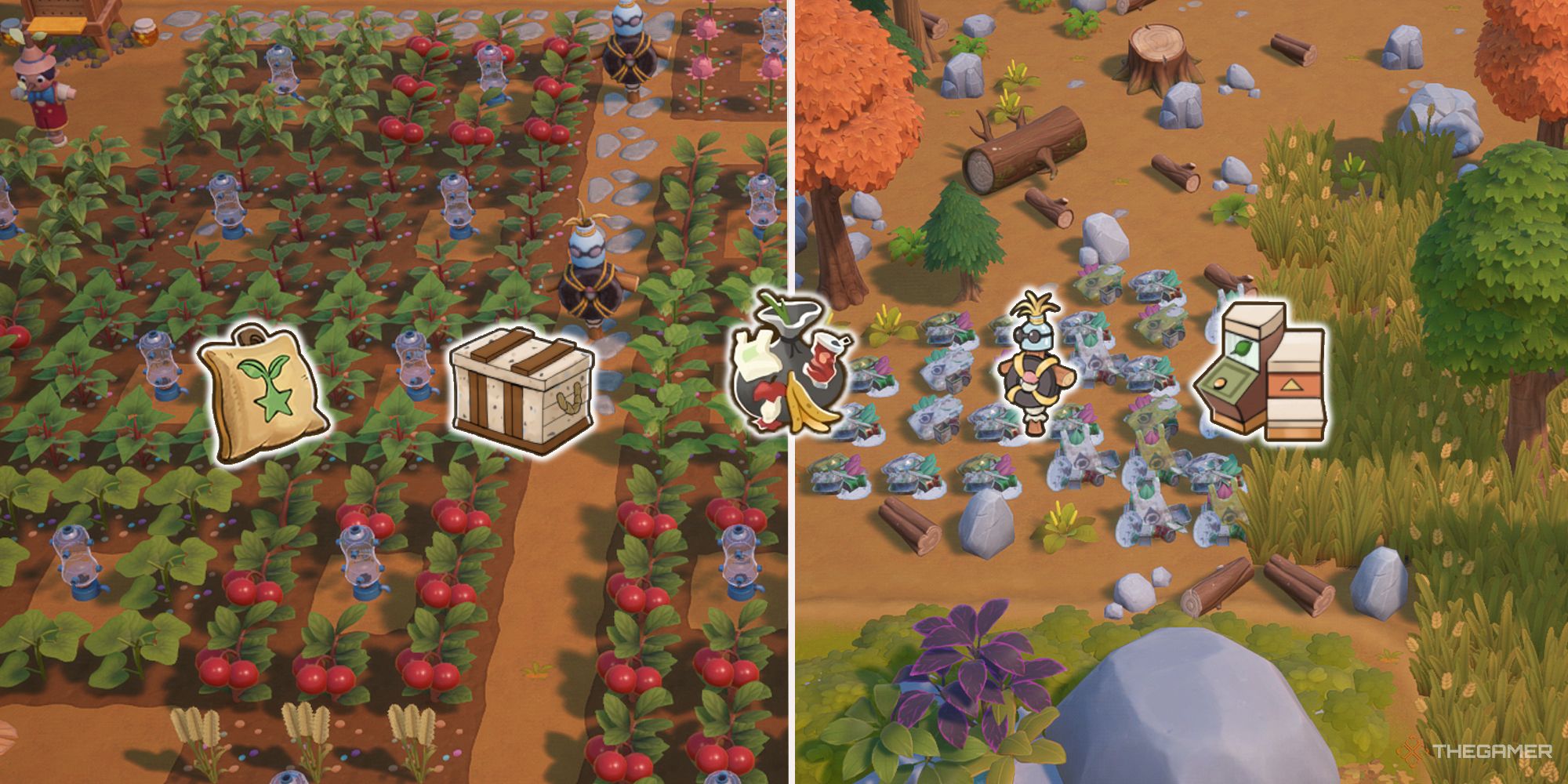 Combined images of the farm and trash in Coral Island