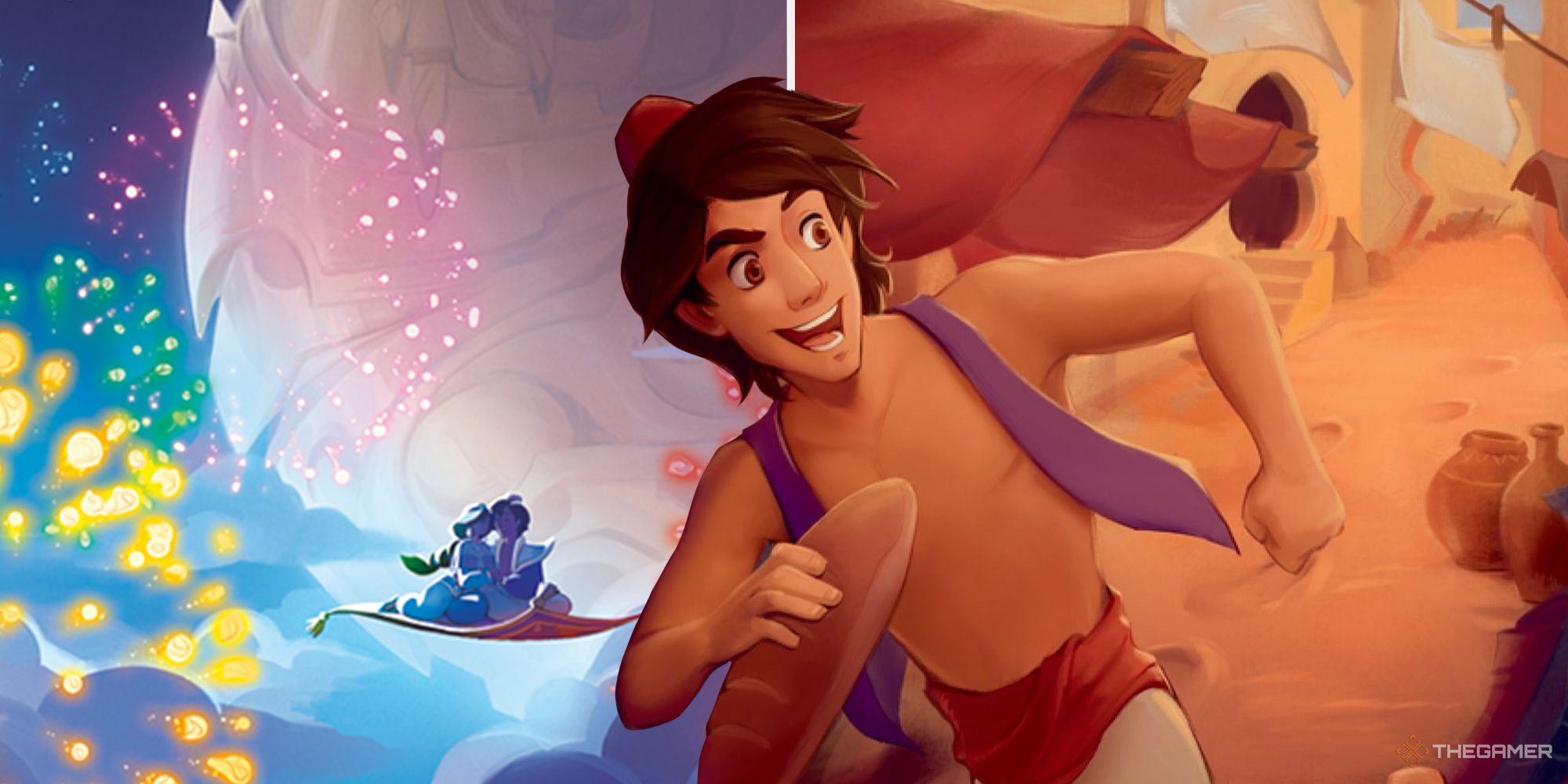 Combined image of A Whole New World and Aladdin in Disney Lorcana