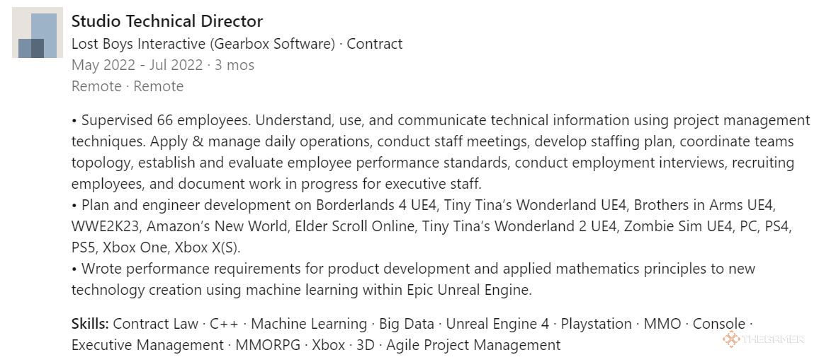 A screenshot of a LinkedIn profile showing work experience at the studio Lost Boys Interactive. Two of the games mentioned are the currently unannounceed Borderlands 4 and Tiny Tina's Wonderlands 2.