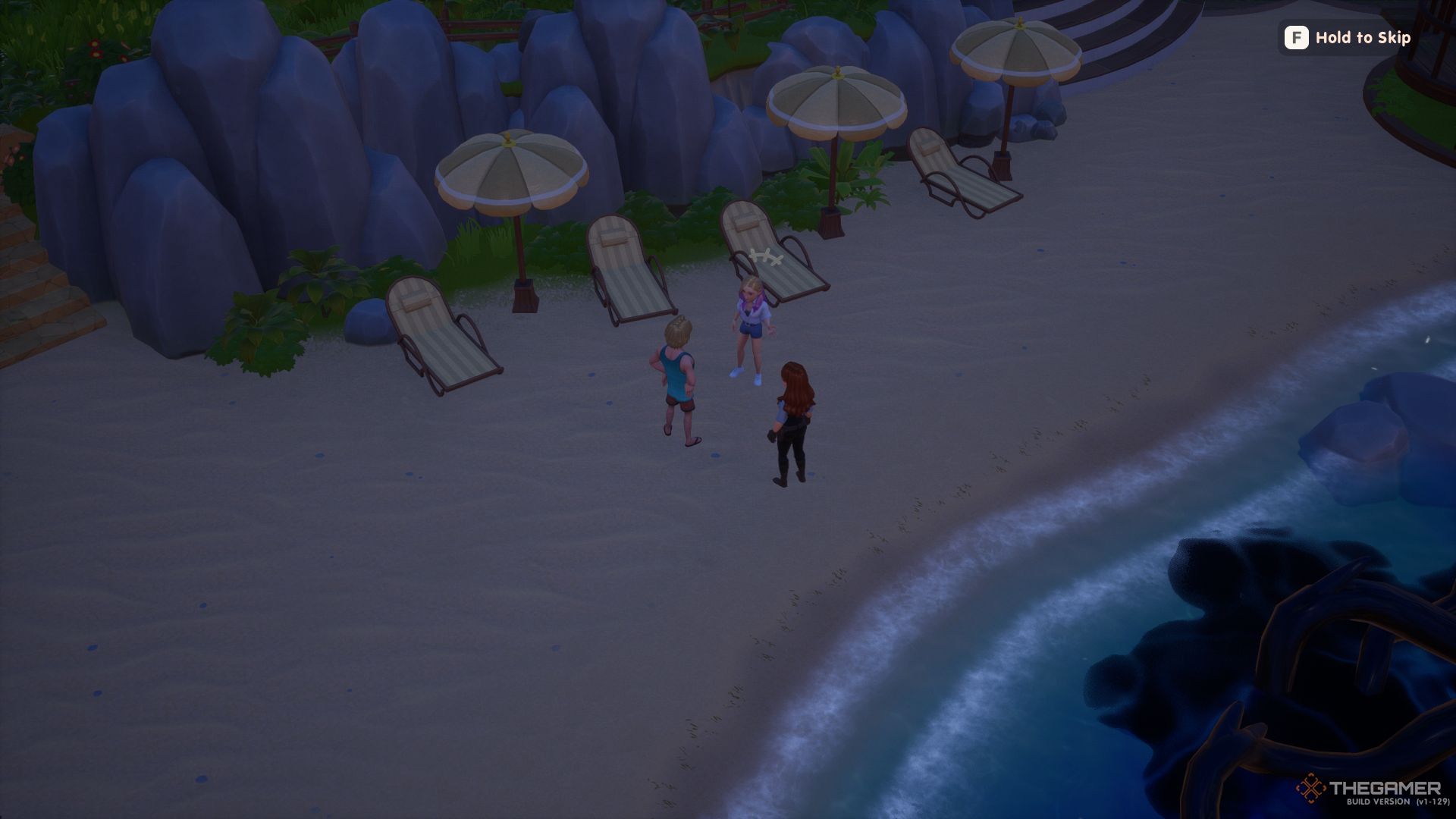 Suki, Ben, and the farmer at the beach in Coral Island