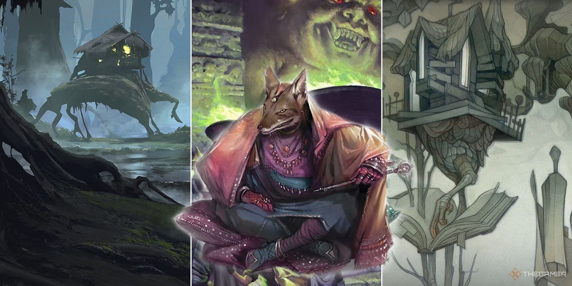 Dungeons & Dragons collage showing different locales in Hades with an Arcanaloth in the middle.
