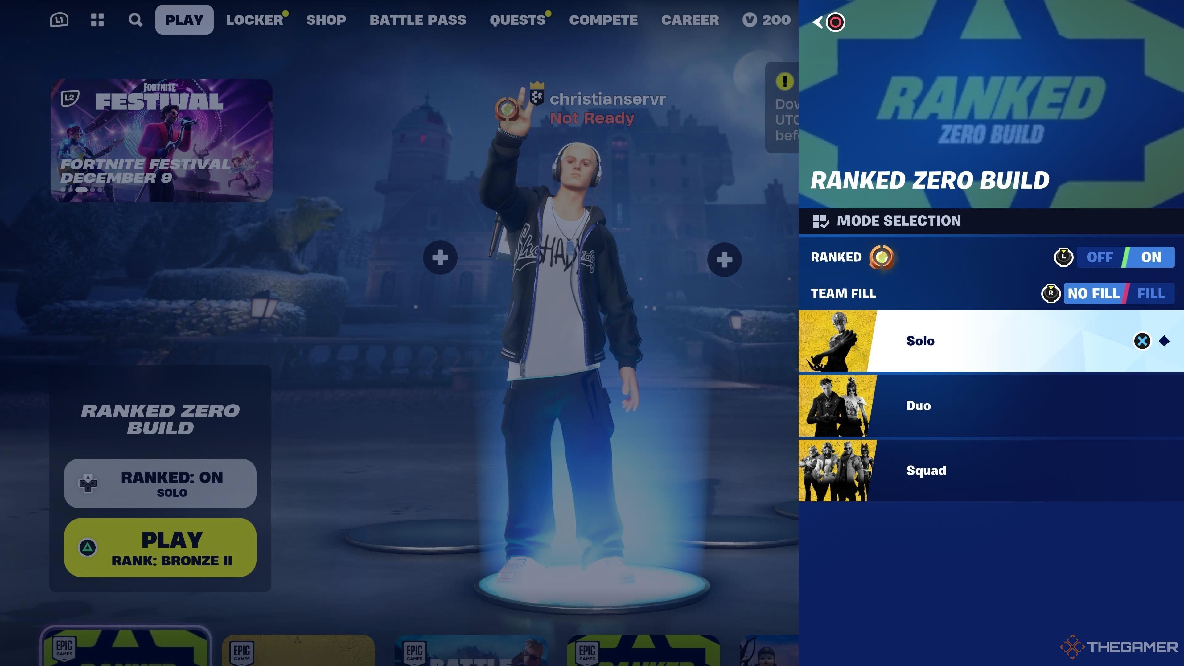 A screenshot of the lobby screen from Fortnite, showing the Ranked toggle being selected on the right side of the screen