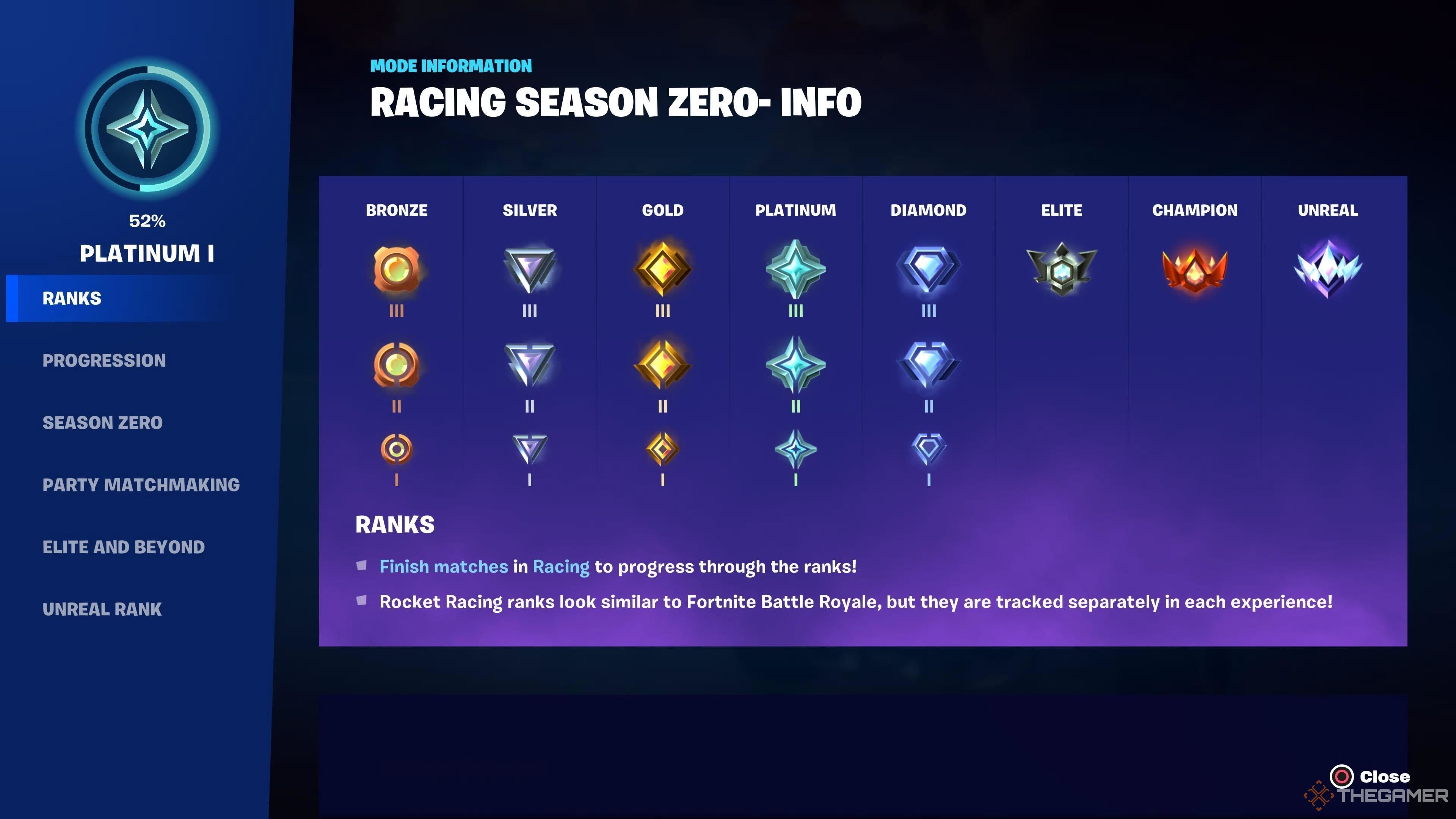 A screenshot from Fortnite's Rocket Racing Ranked Mode, with ranks from Bronze to Diamond being separated into three tiers and Elite and above being single ranks