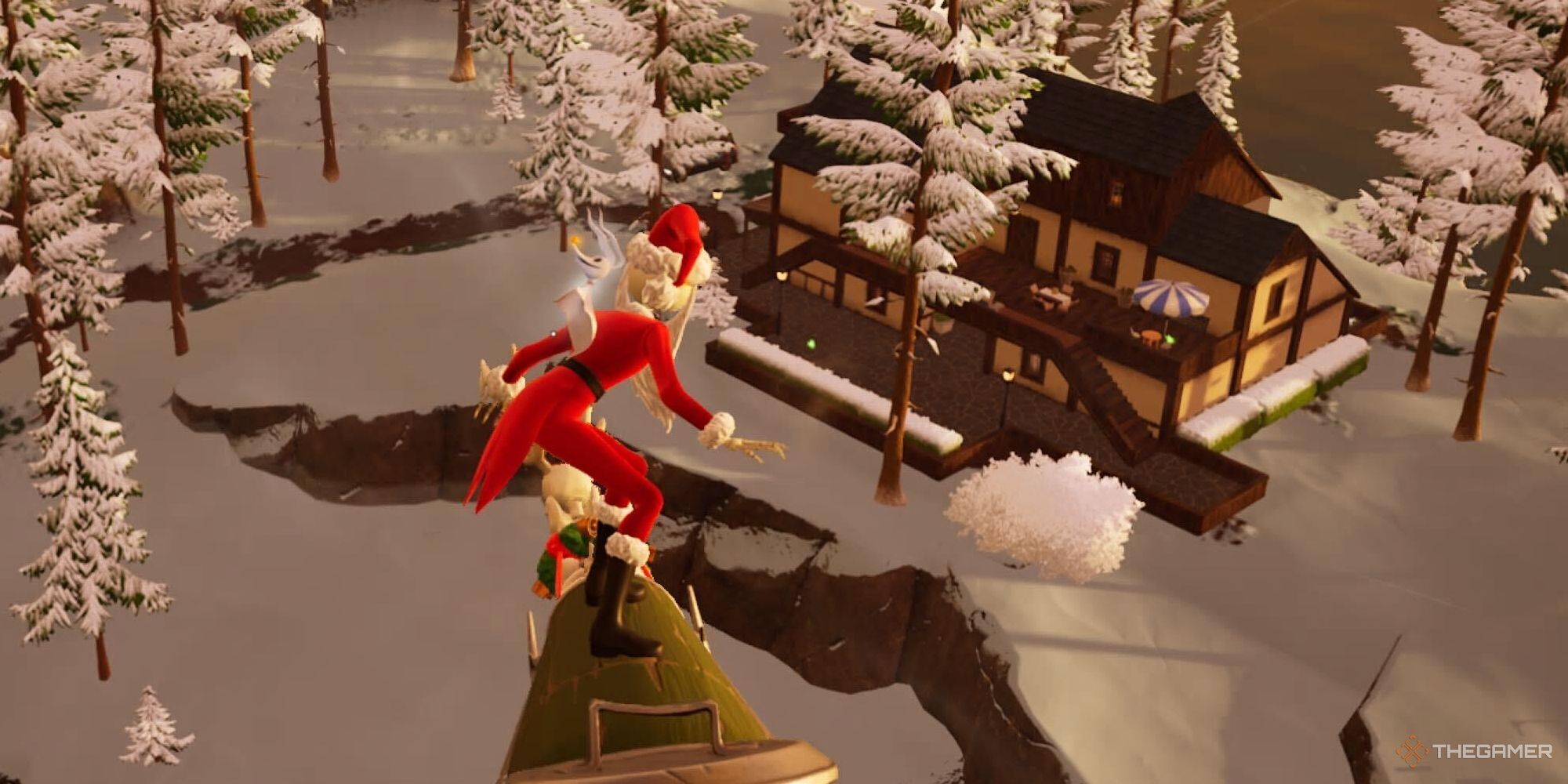 A screenshot from Fortnite showing Jack Skellington in his Santa outfit and standing on his makeshift sleigh, looking down on Krampus's house
