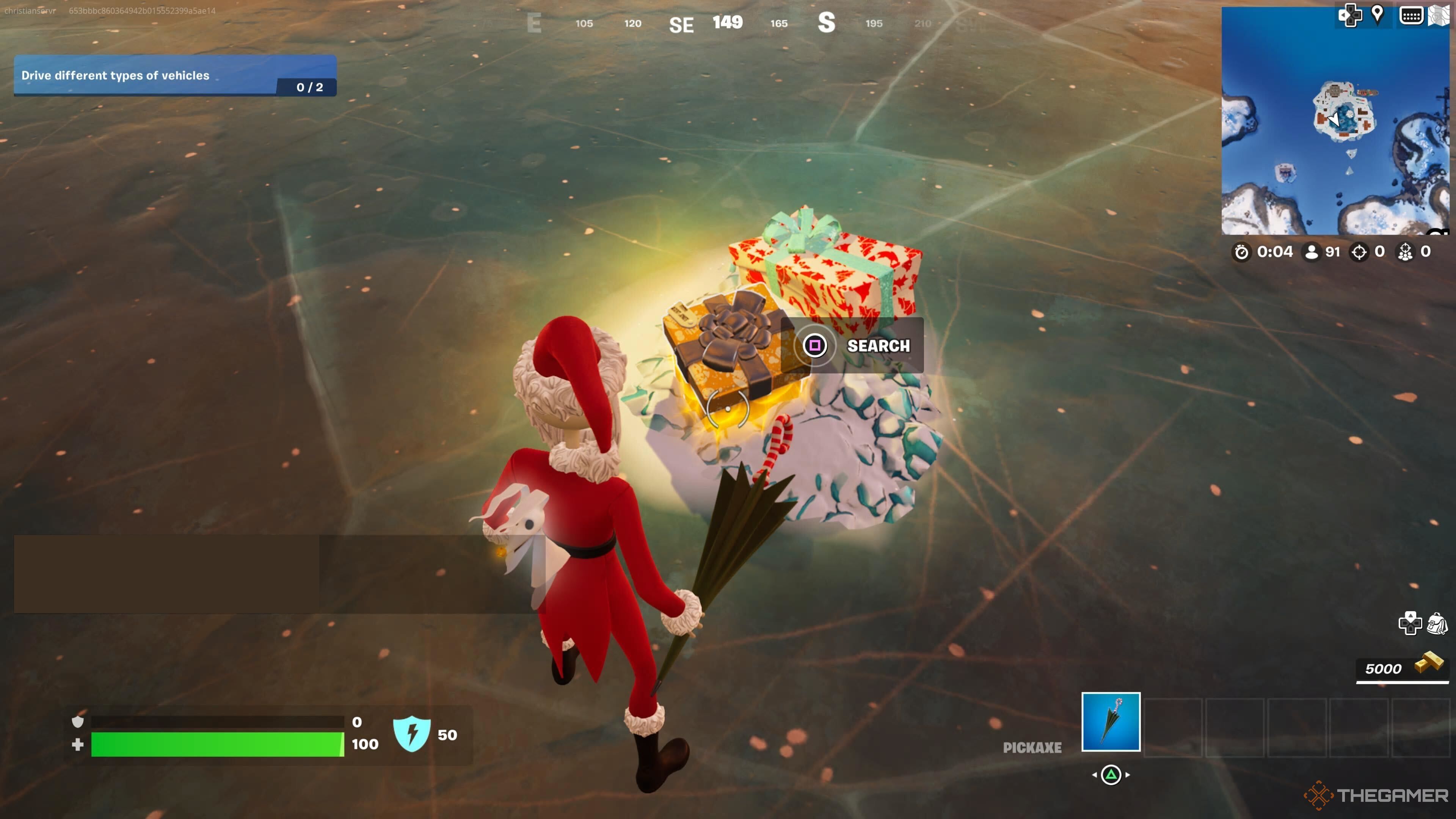 A screenshot from Fortnite showing a present on Sgt. Winter's island with a golden glow