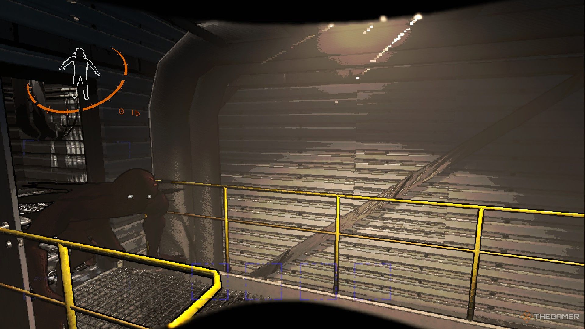 A screenshot from Lethal Company showing the Bracken crouched in a doorway near a yellow railing.