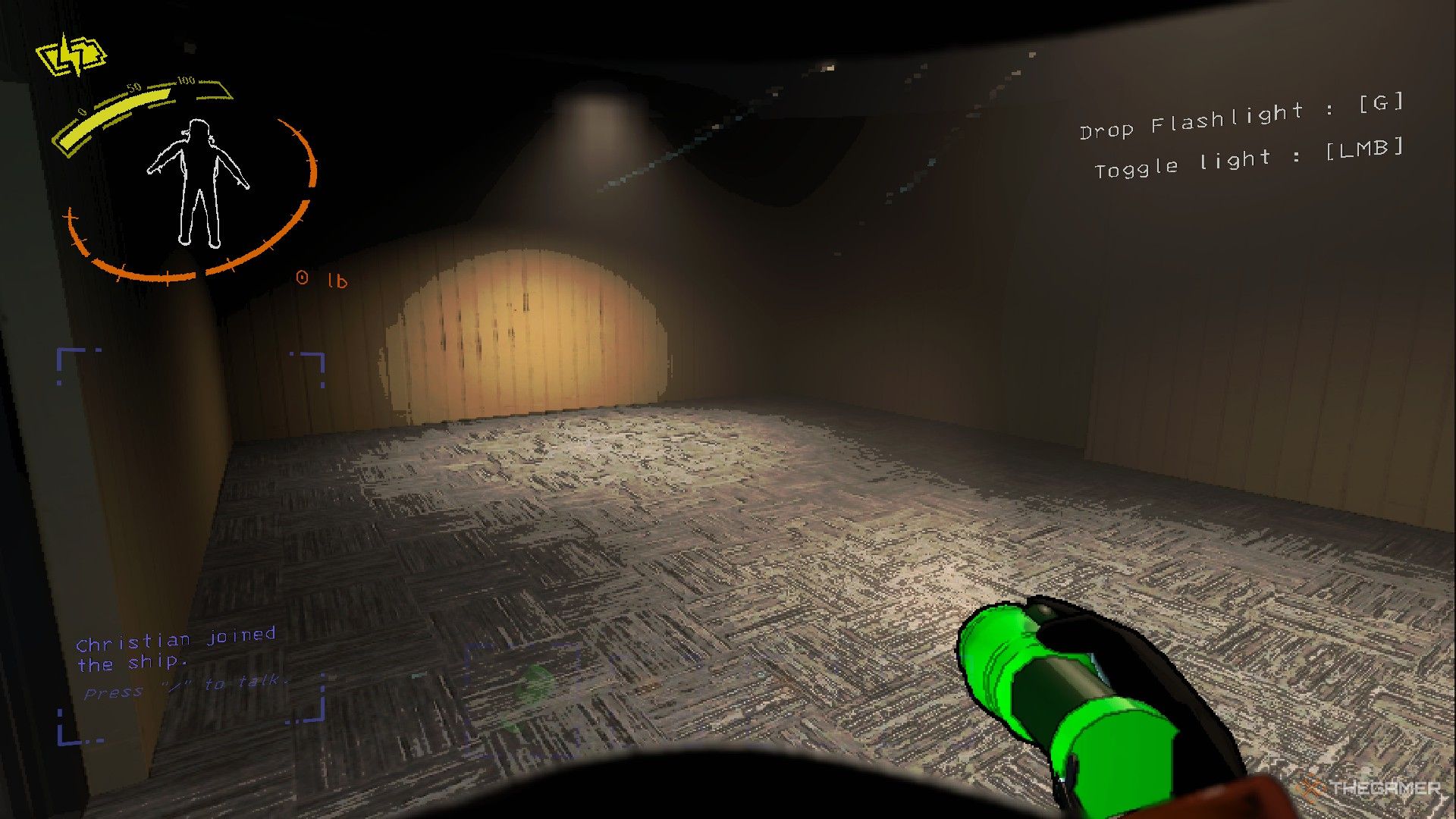 A screenshot from Lethal Company showing the Bracken Room, which includes a yellow paneled wall and grey carpet with intersecting lines