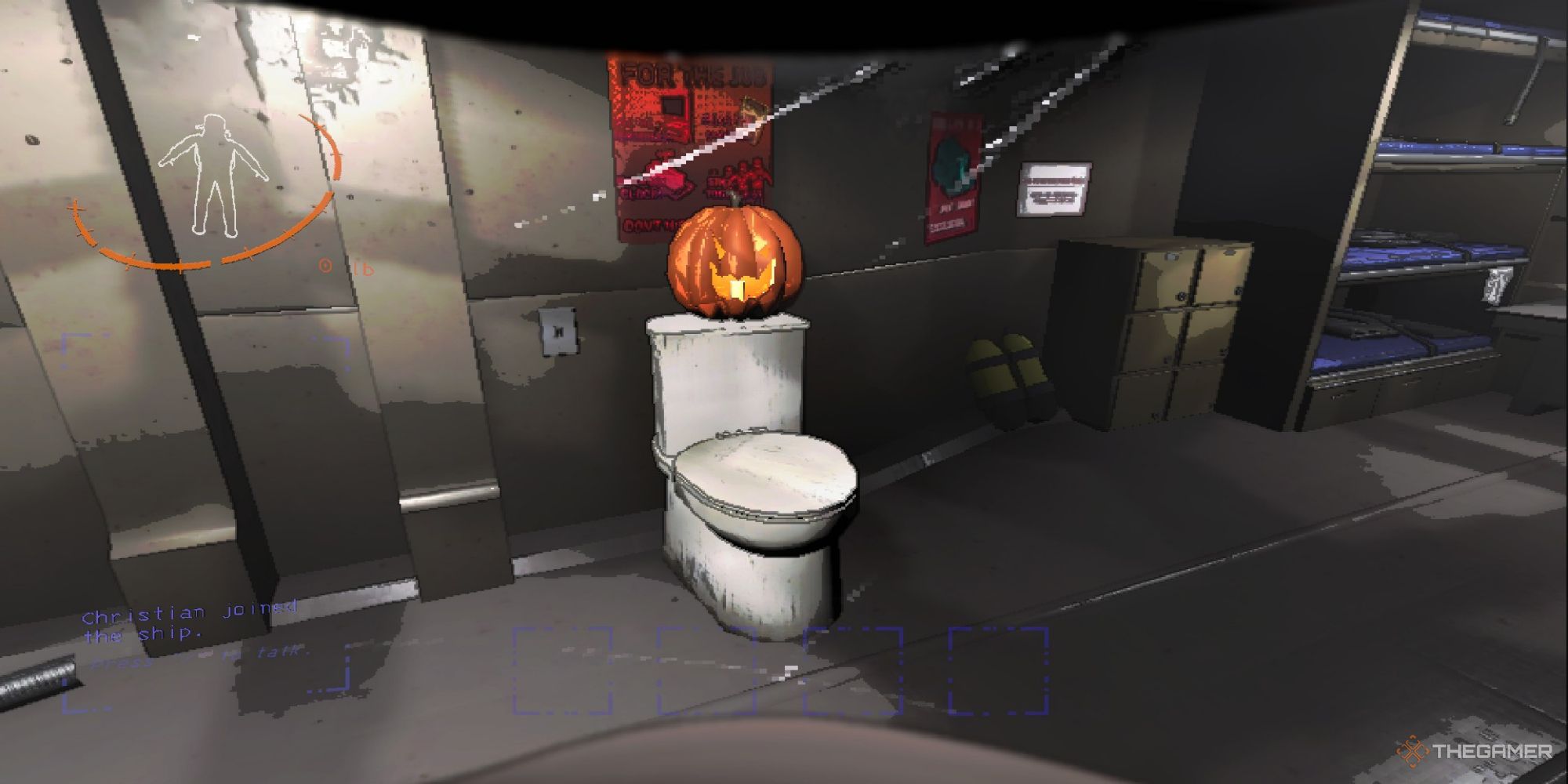 A screenshot from Lethal Company shows a Jack-o-Lantern sitting on the back of a toilet on the ship