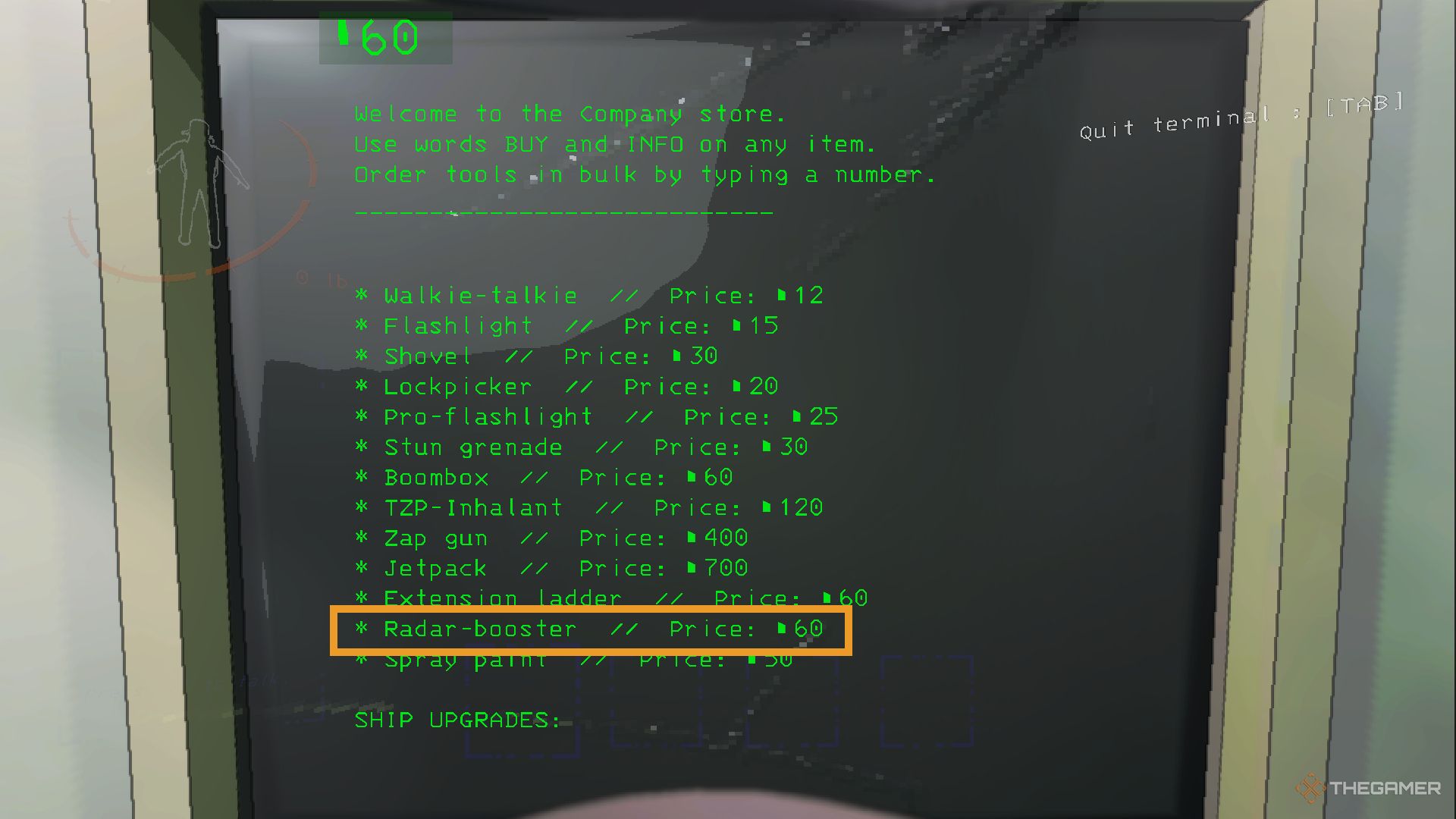 A screenshot from Lethal Company showing the terminal's store items, with Radar-Booster being highlighted