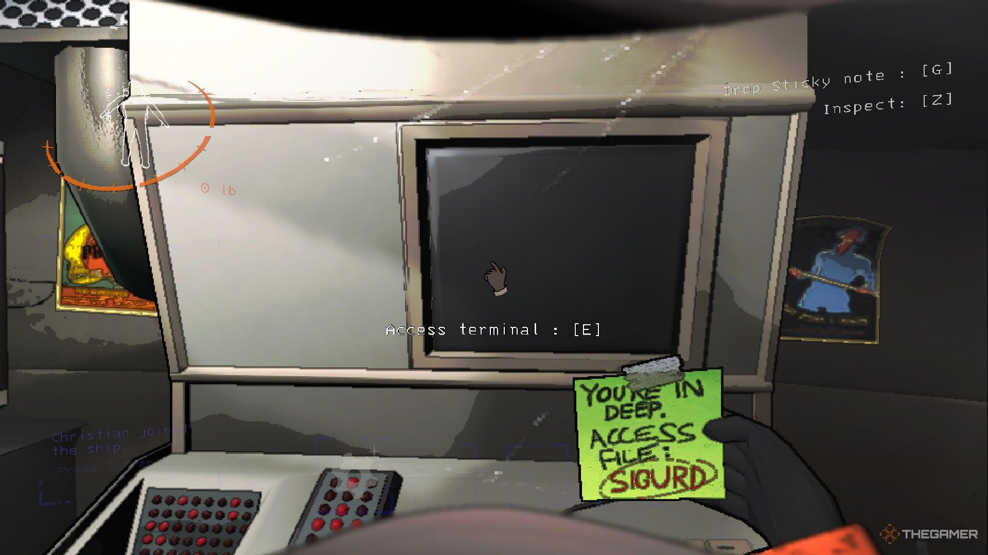 A screenshot from Lethal Company showing the character holding a sticky note that reads, "You're in deep. Access File: Sigurd"