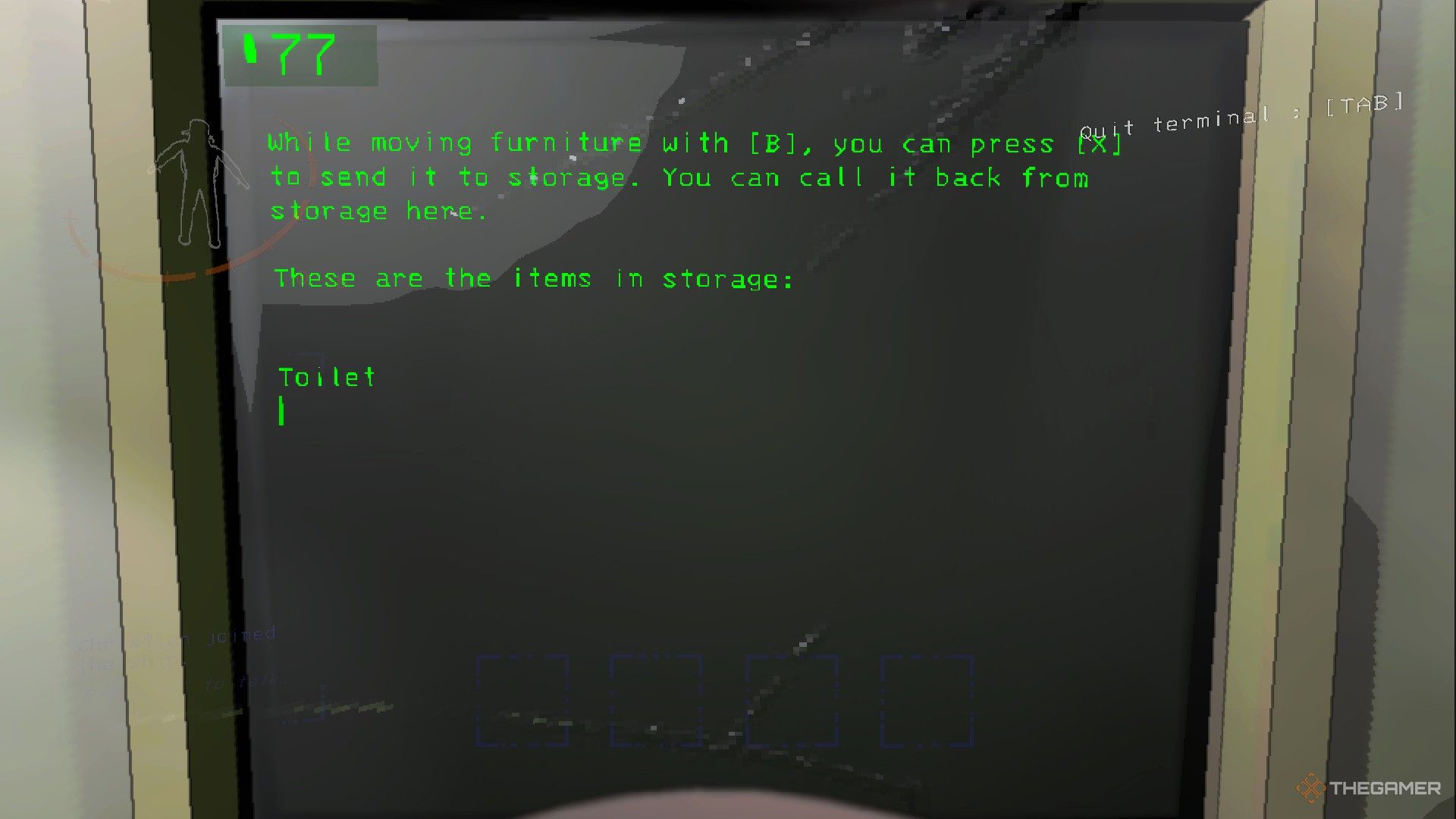A screenshot of the terminal from Lethal Company showing a Toilet in storage
