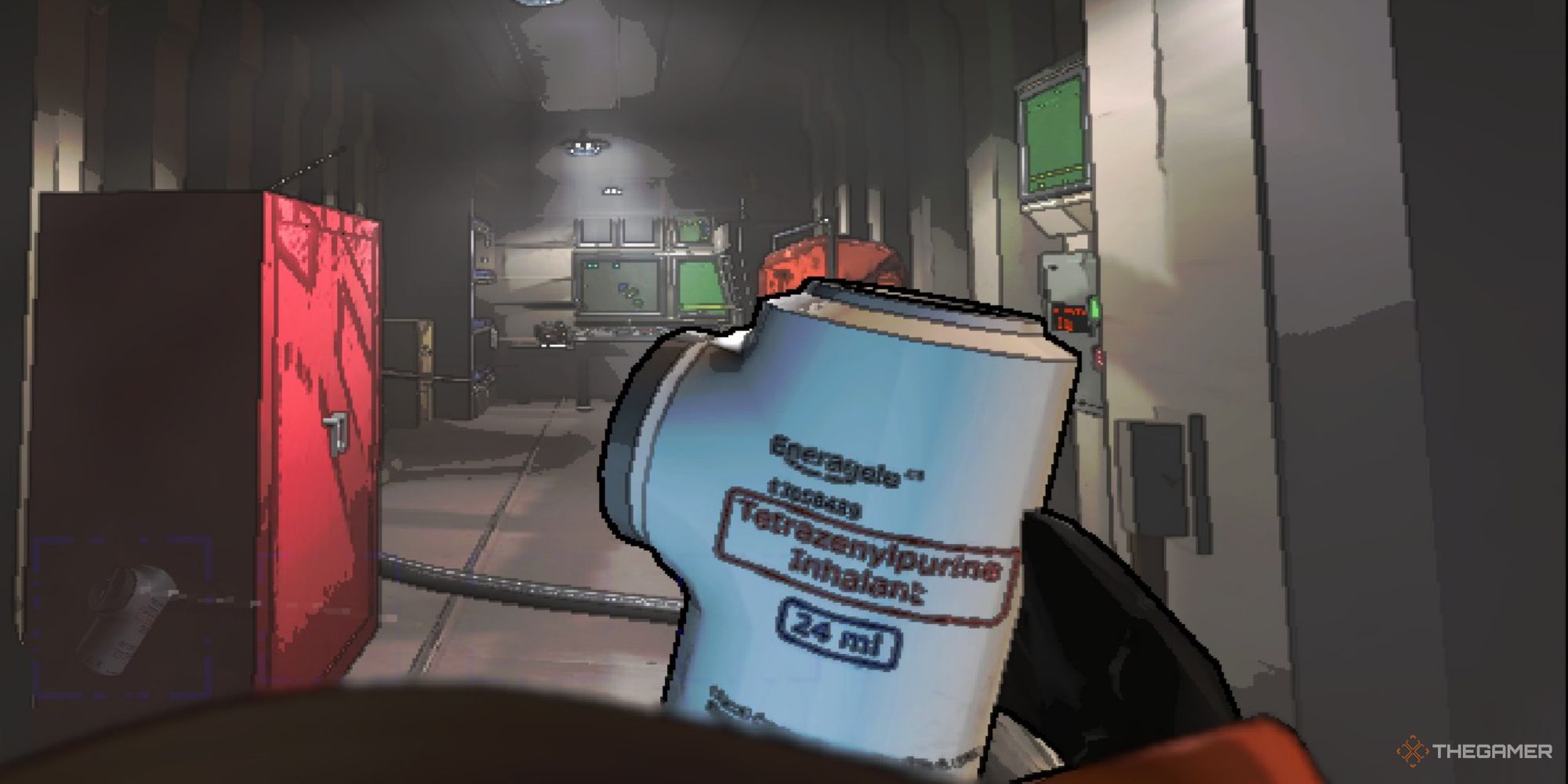 A screenshot from Lethal Company showing the player character on the ship holding the TZP-Inhalant