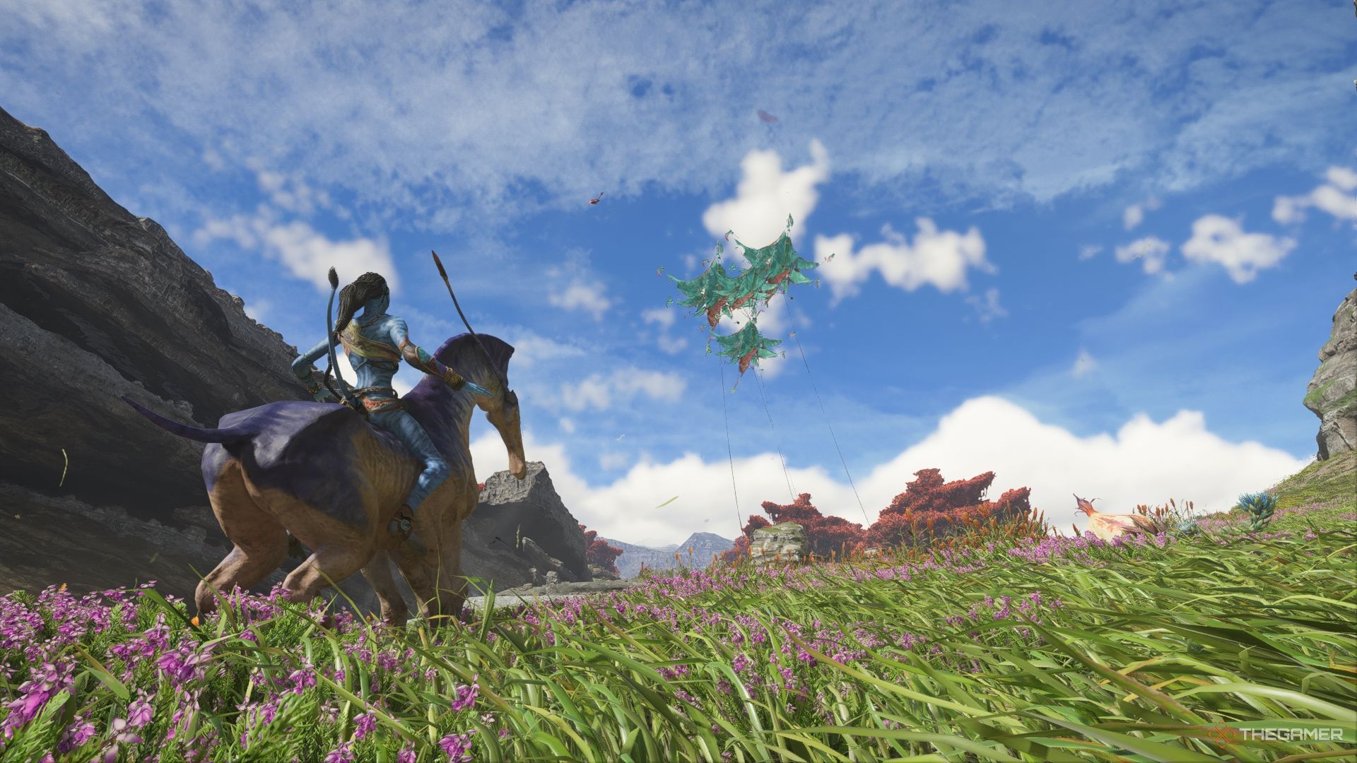 Riding a direhorse in the upper plains following a kite Avatar: Frontiers of Pandora