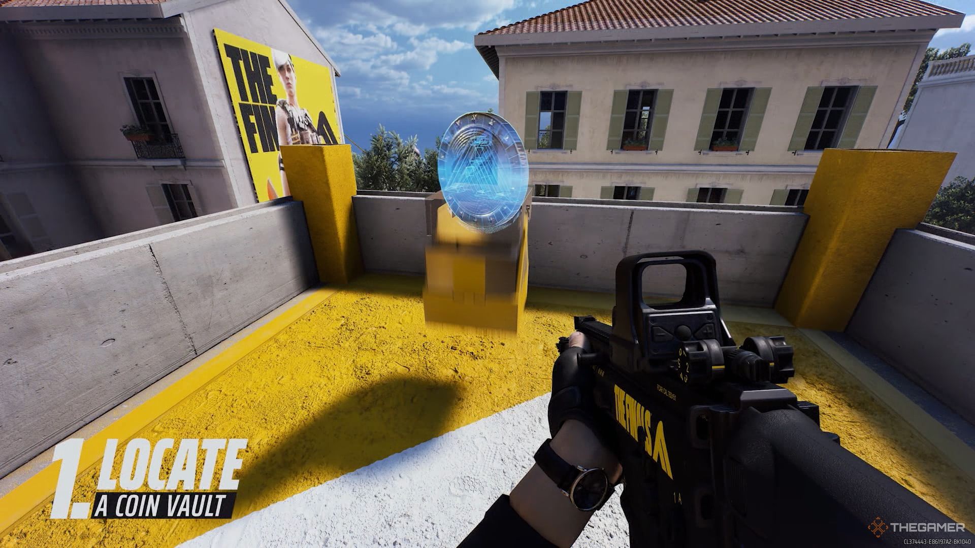 A screenshot from The Finals tutorial video for Bank It, showing a character pointing a gun at an open coin vault