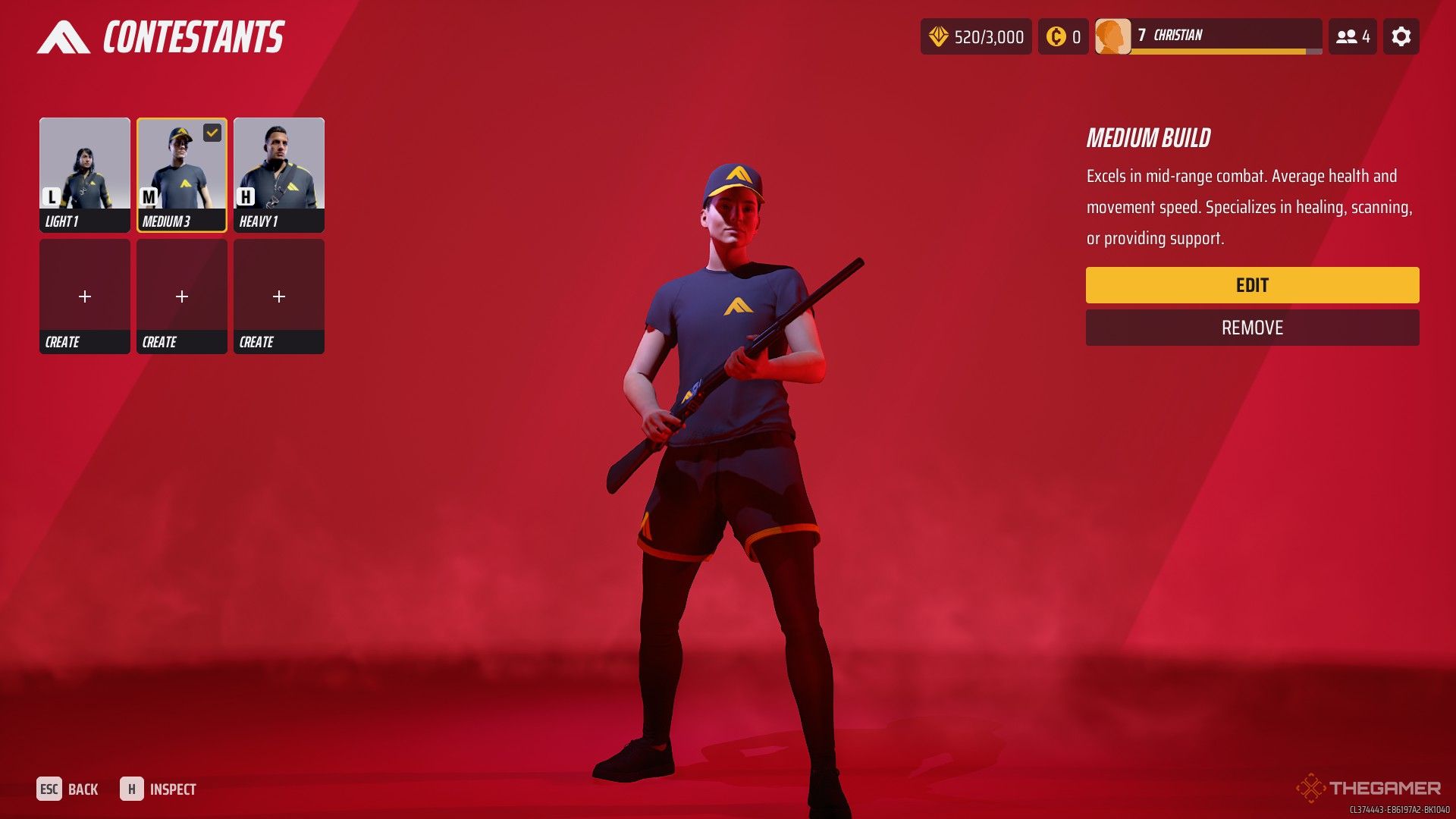 A screenshot from The Finals contestant screen, showing a preview of the three sizes of characters in the top right, with the Medium Build character selected