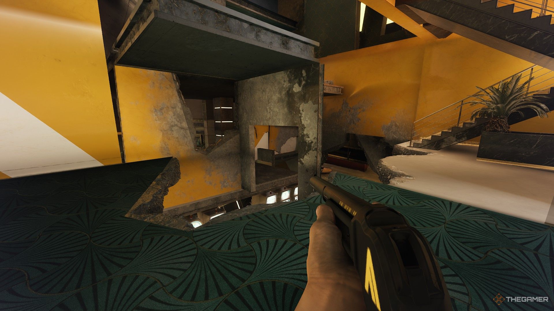 A screenshot from The Finals showing a character pointing a gun at several holes in the interior of a building near a staircase, showing multiple floors and rooms
