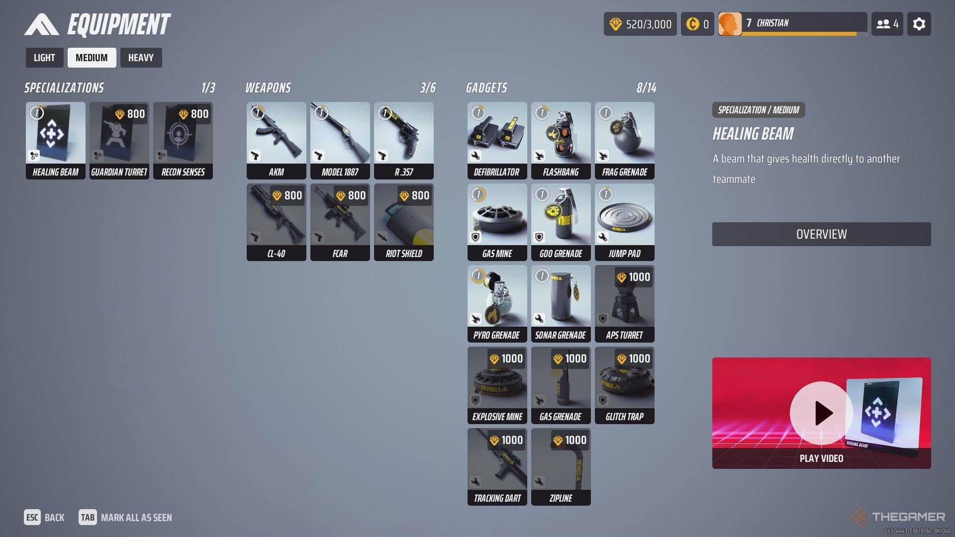 A screenshot from The Finals showing an Equipment menu for the Medium Build character, with about half the items still locked