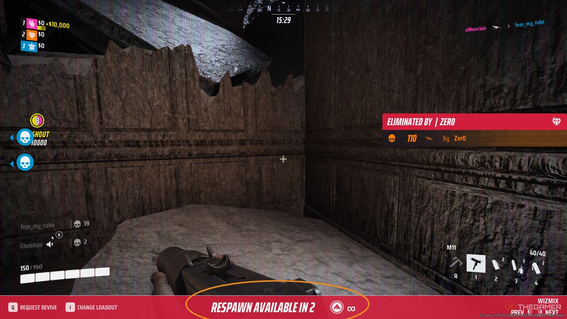 A screenshot from The Finals showing the respawn screen of spectating teammates, with the Respawn Timer and Credits circled at the bottom of the screen