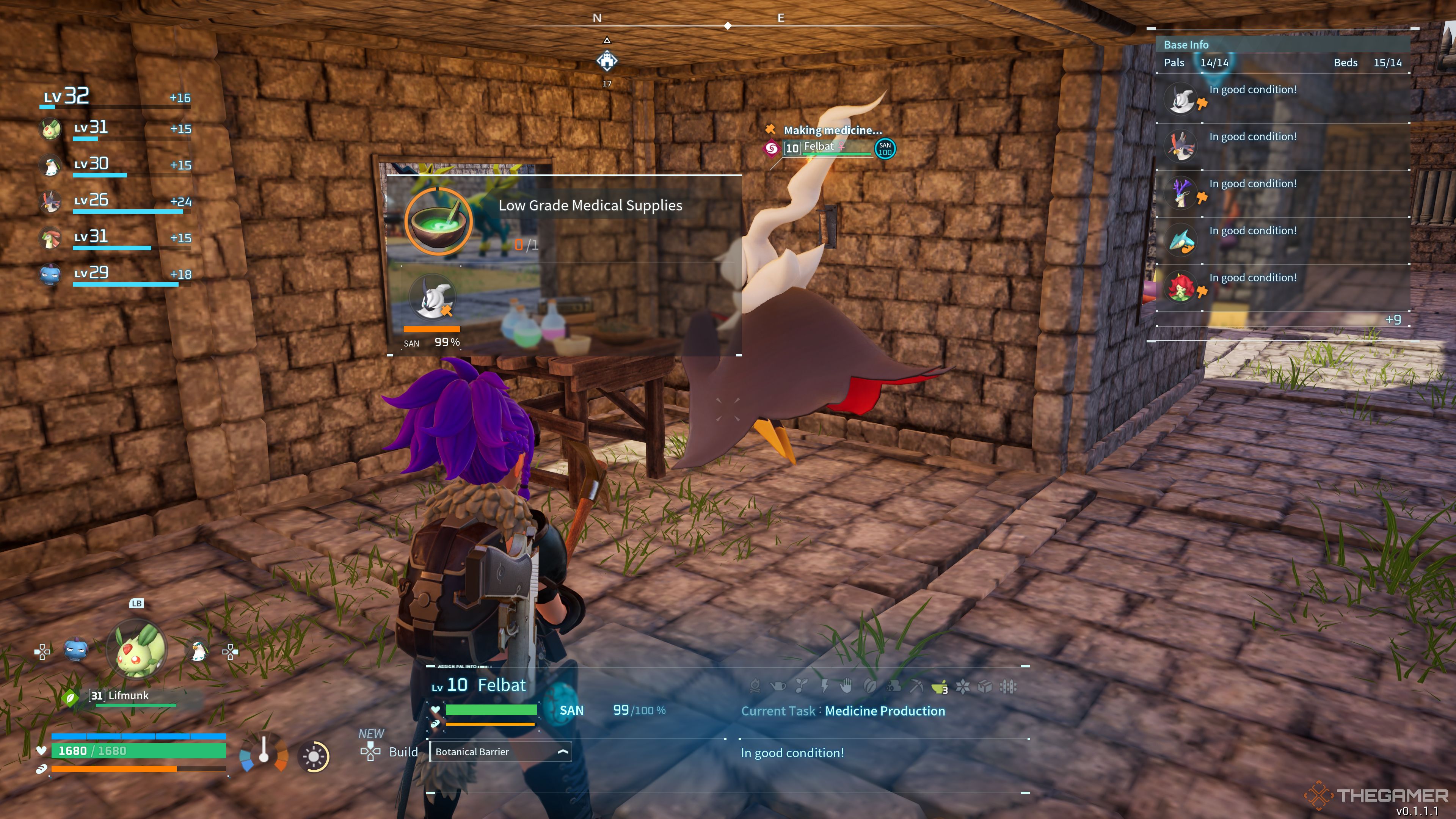 Palworld: Felbat crafting a medicine at the Medicine Workbench