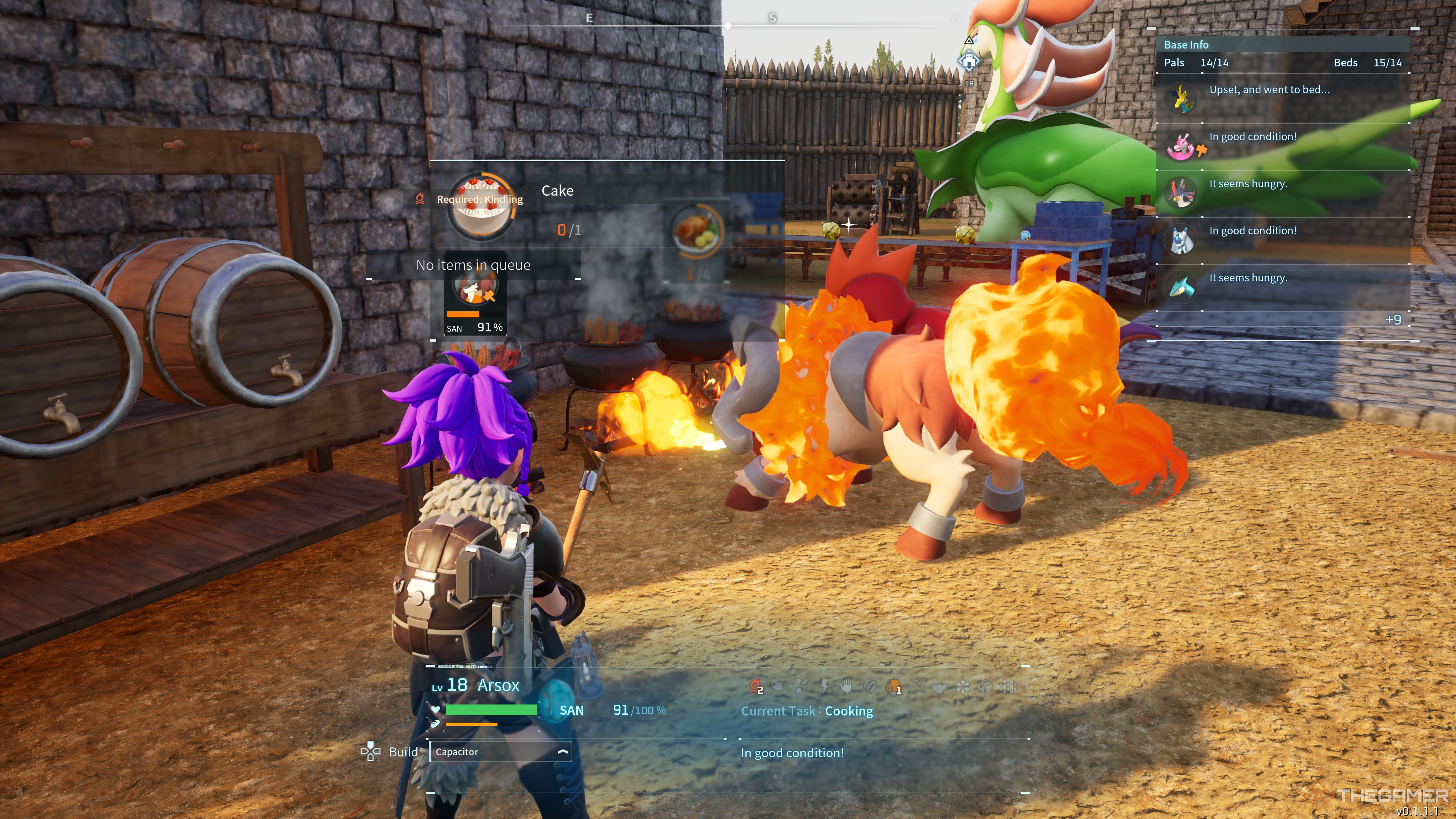 Palworld: Two fire pals cooking food at the cooking pots