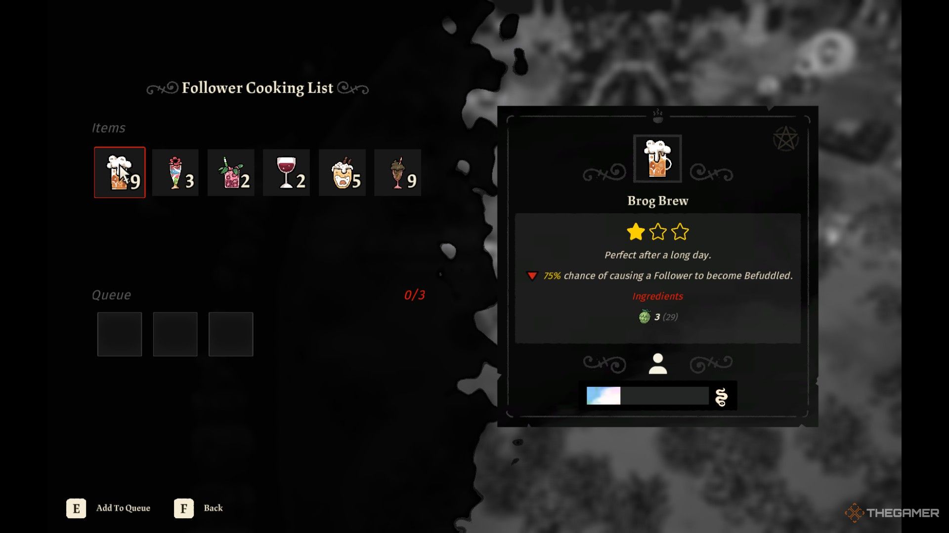 A screenshot from Cult of the Lamb showing the Drinkhouse menu with the Brog Brew selected