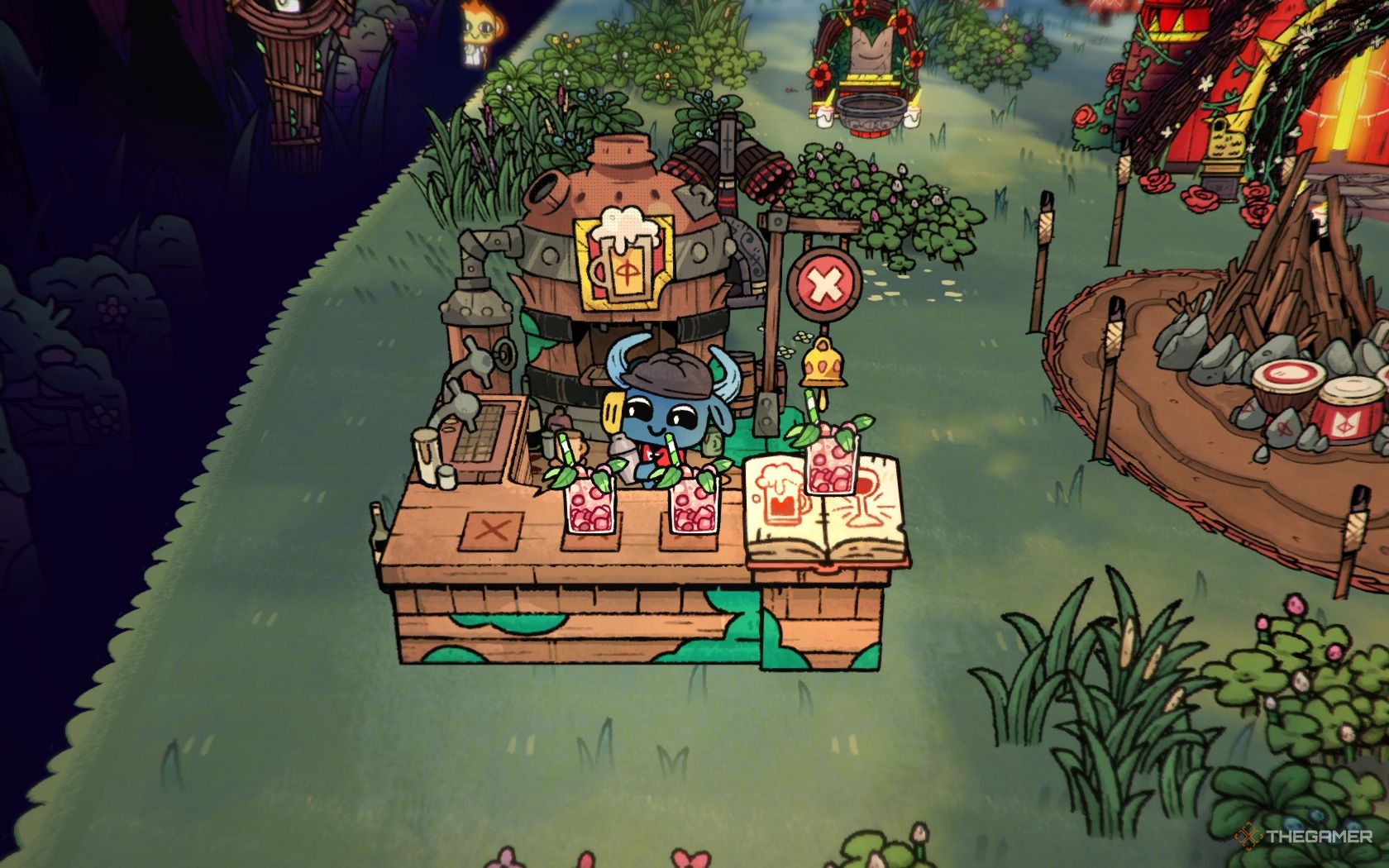 A screenshot from Cult of the Lamb showinga blue follower with horns and a pub hat working the Drinkhouse bar, mixing drinks before placing them on the counter. A small square glass with pinkish color is shown.
