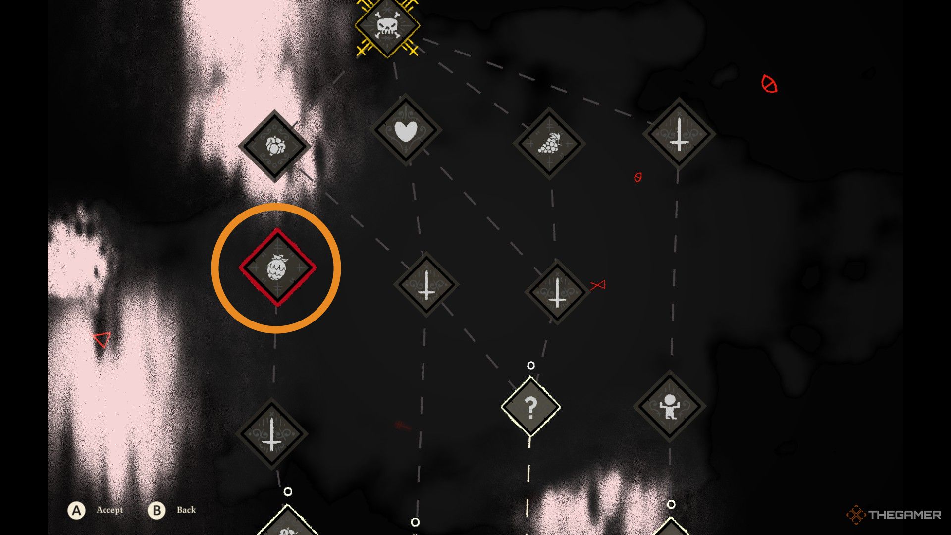 A screenshot from Cult of the Lamb's Journey map showing a Hops node on the Crusade map, circled in a thick orange line